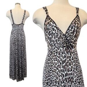 Vanity Fair Silky Nylon Leopard Print Lounging Empire Maxi Gown Slip Dress M
